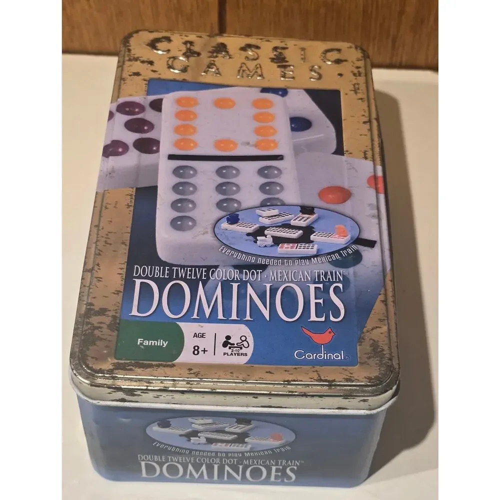 Cardinal Mexican Train Dominoes Double 12 Color Dot Set 88 Tiles Tin Case